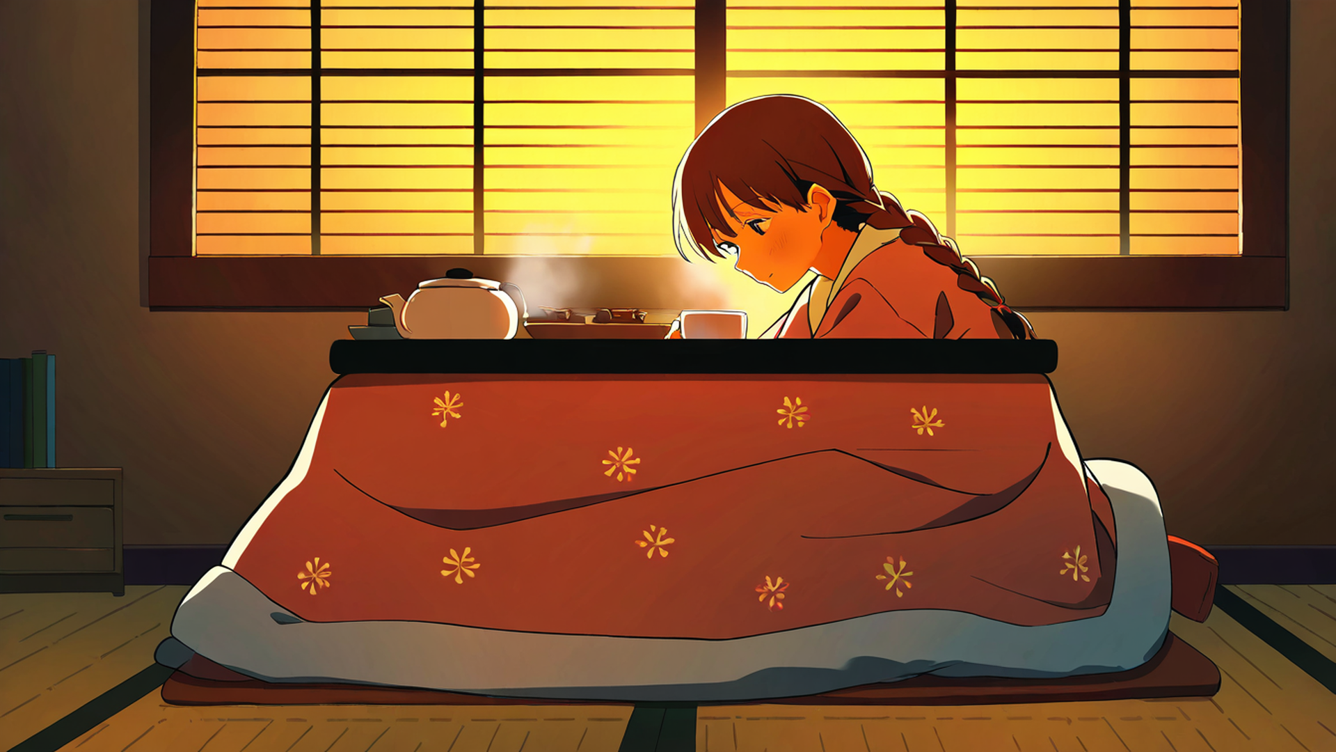 girl kotatsu winter lofi wallpaper