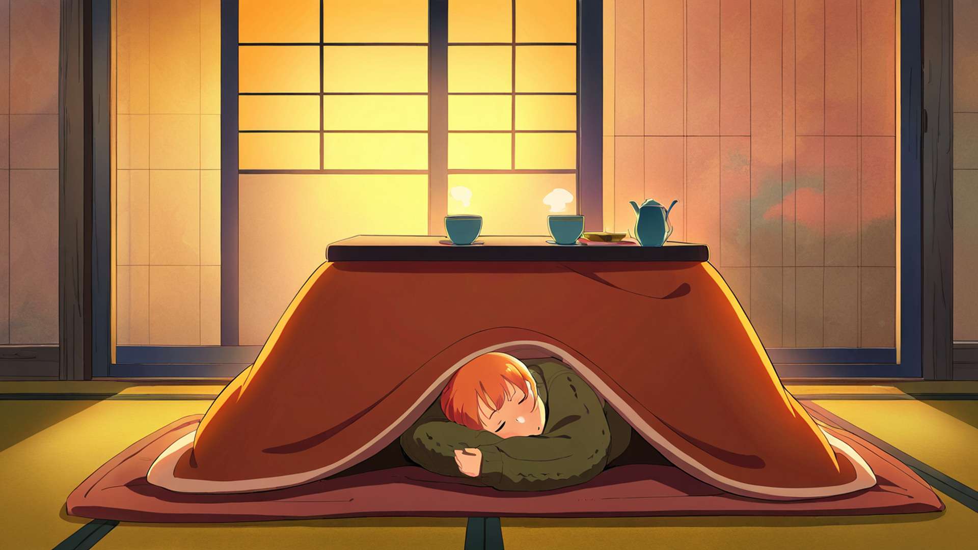 girl kotatsu winter lofi wallpaper