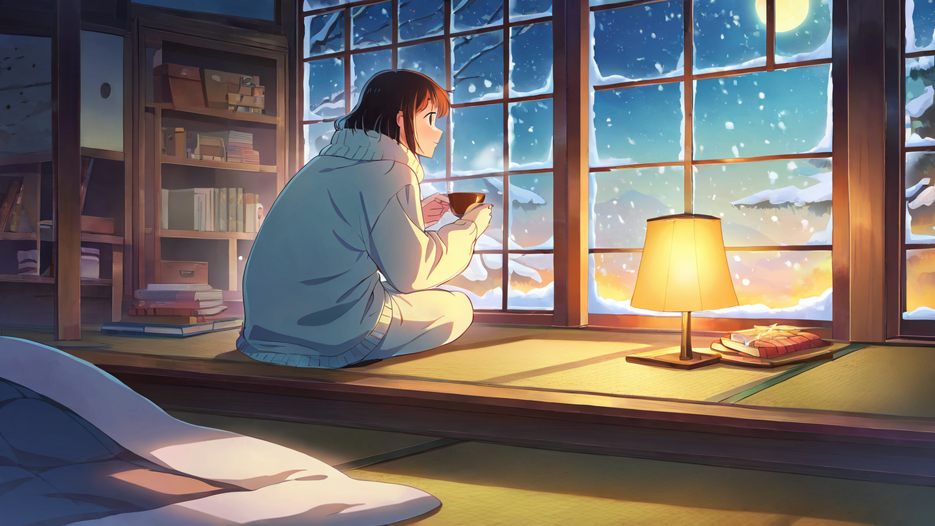 girl kotatsu winter lofi wallpaper