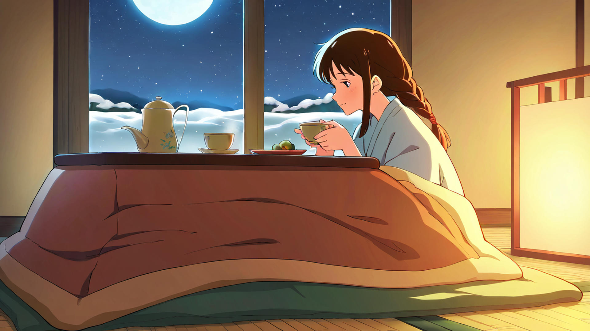 girl kotatsu winter lofi wallpaper