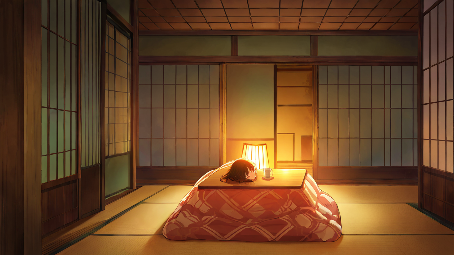 girl kotatsu winter lofi wallpaper