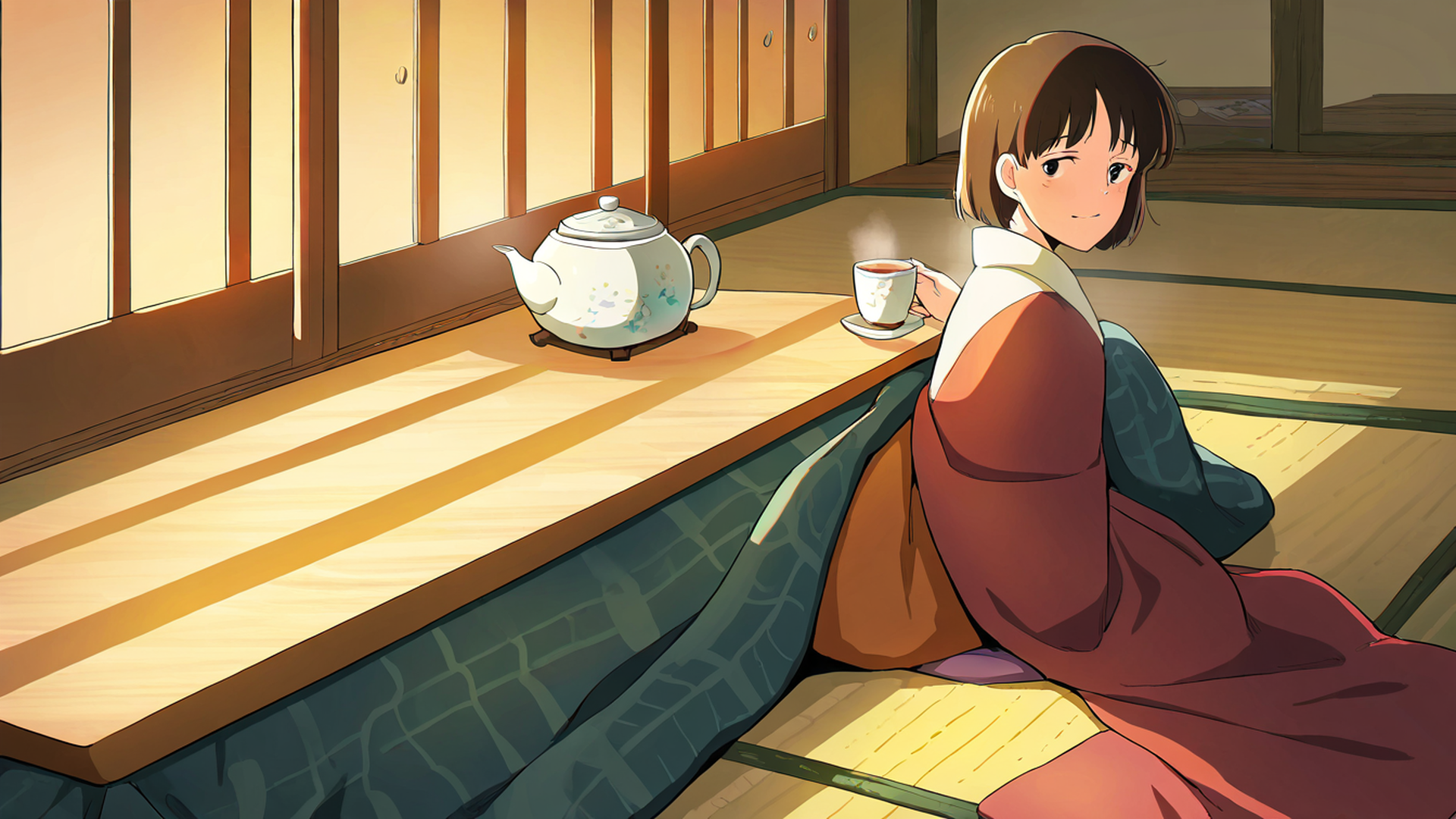 girl kotatsu winter lofi wallpaper