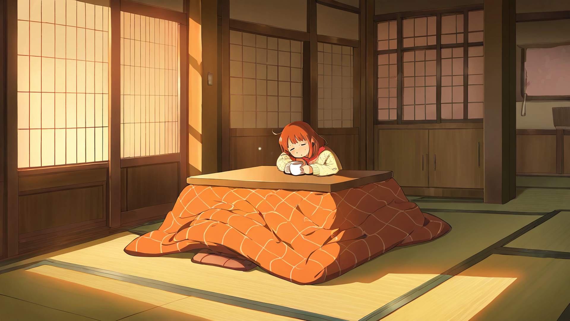 girl kotatsu winter lofi wallpaper