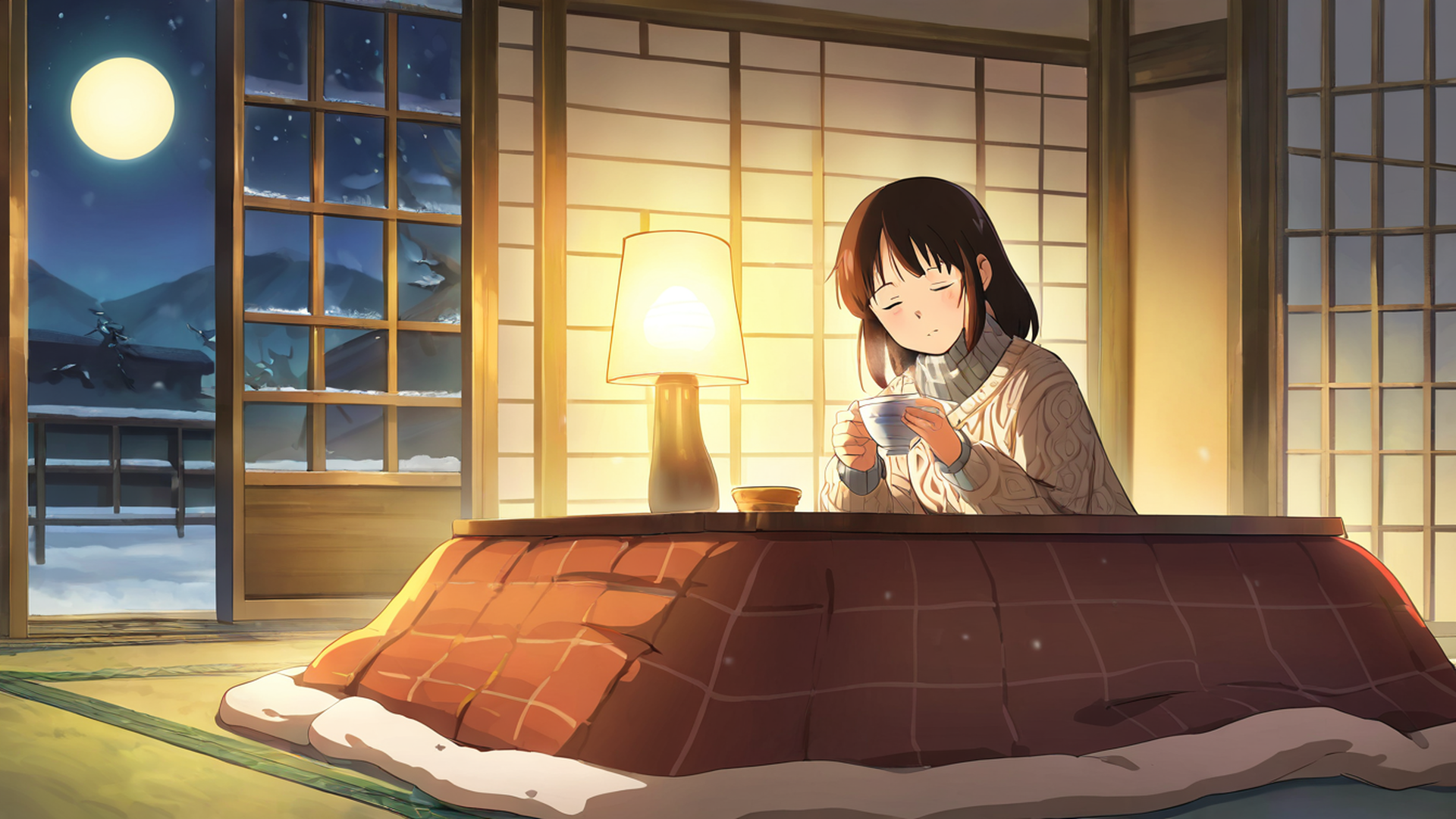 girl kotatsu winter lofi wallpaper