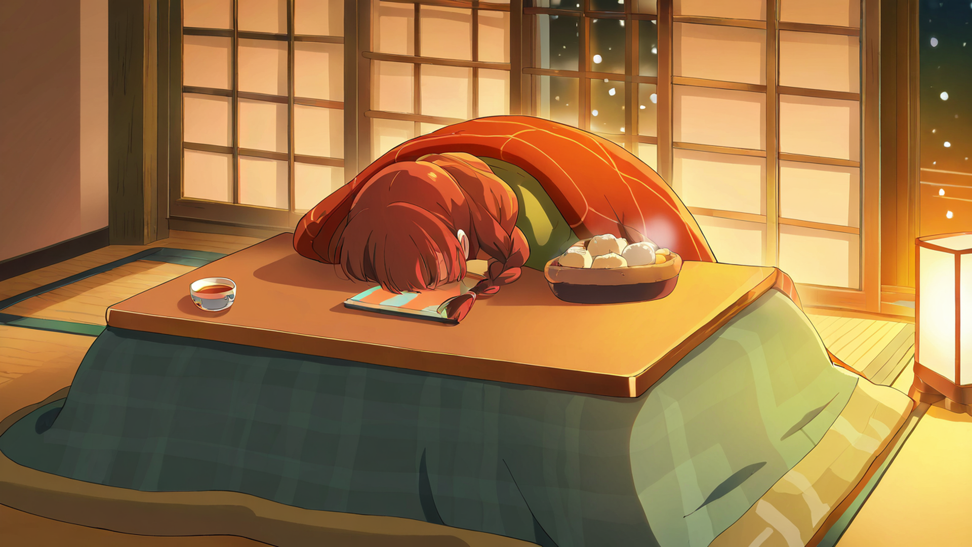 girl kotatsu winter lofi wallpaper