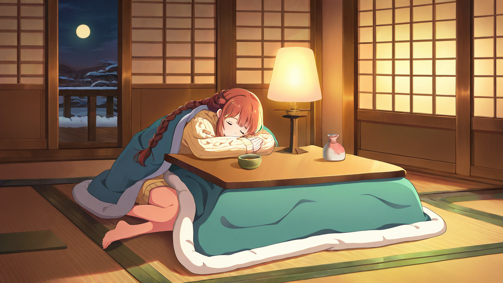 girl kotatsu winter lofi wallpaper