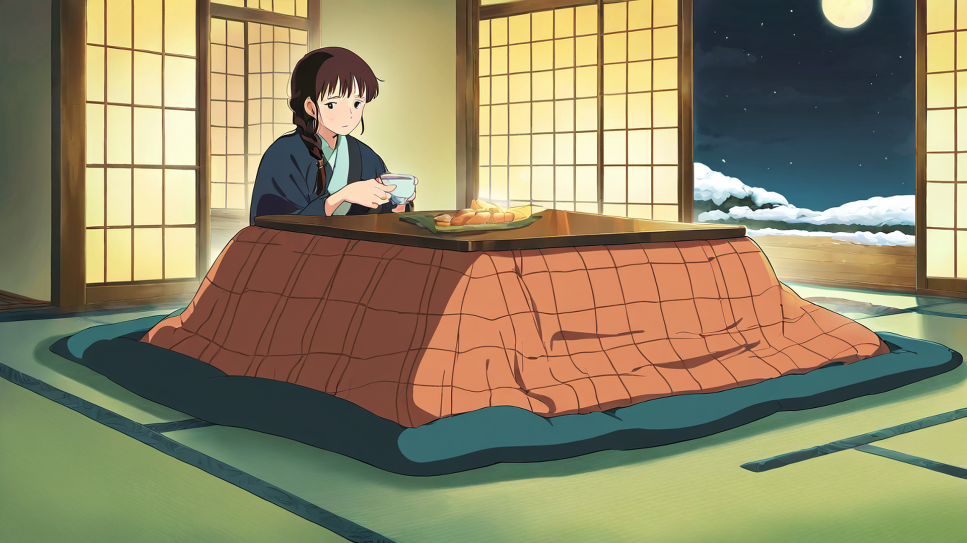 girl kotatsu winter lofi wallpaper