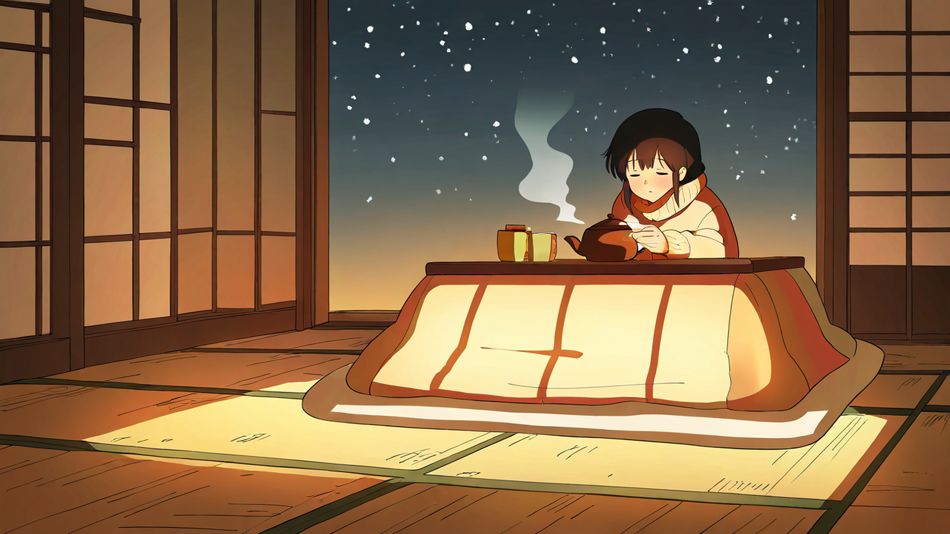 girl kotatsu winter lofi wallpaper