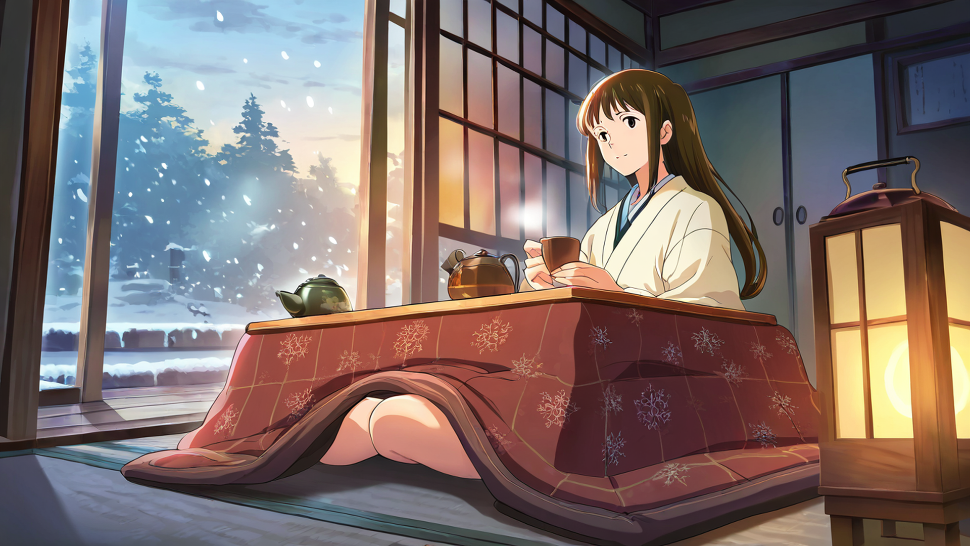 girl kotatsu winter lofi wallpaper