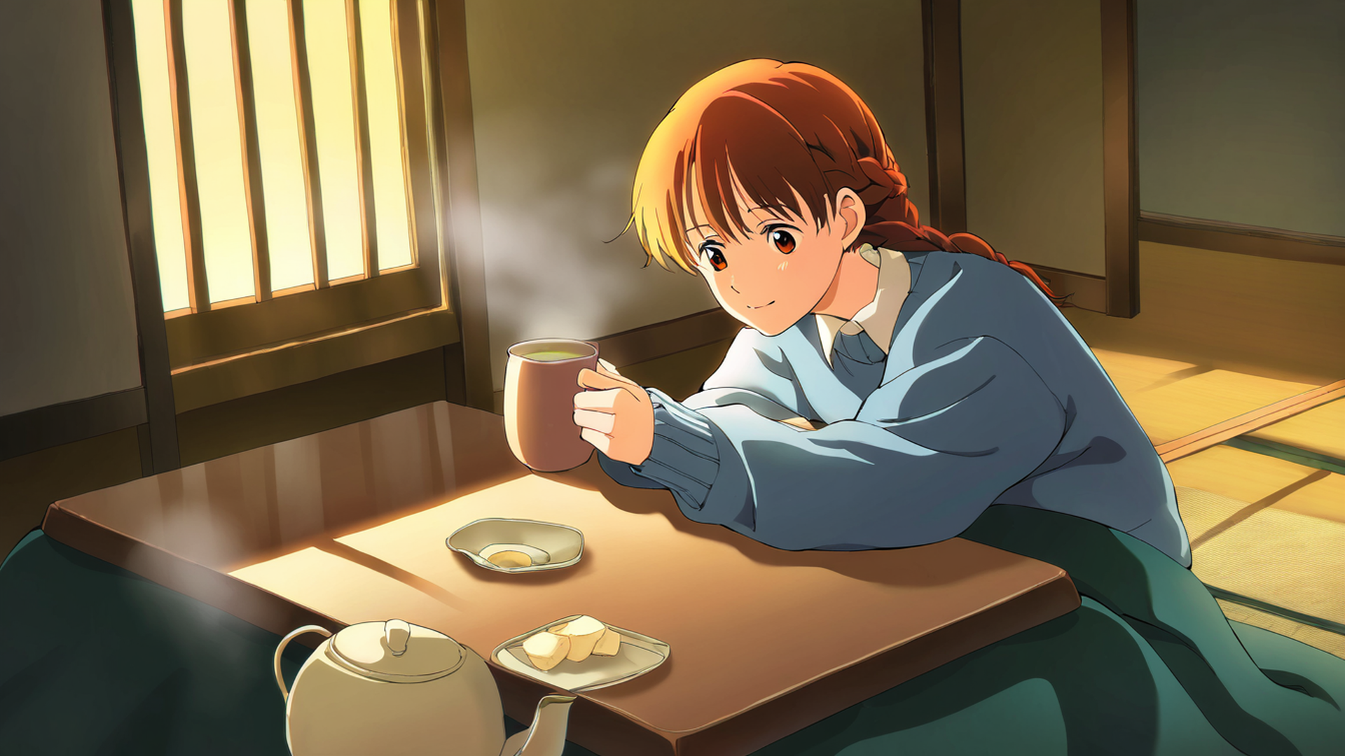 girl kotatsu winter lofi wallpaper