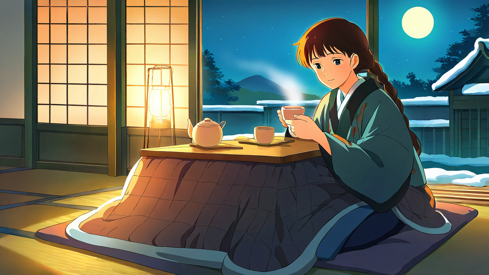 girl kotatsu winter lofi wallpaper