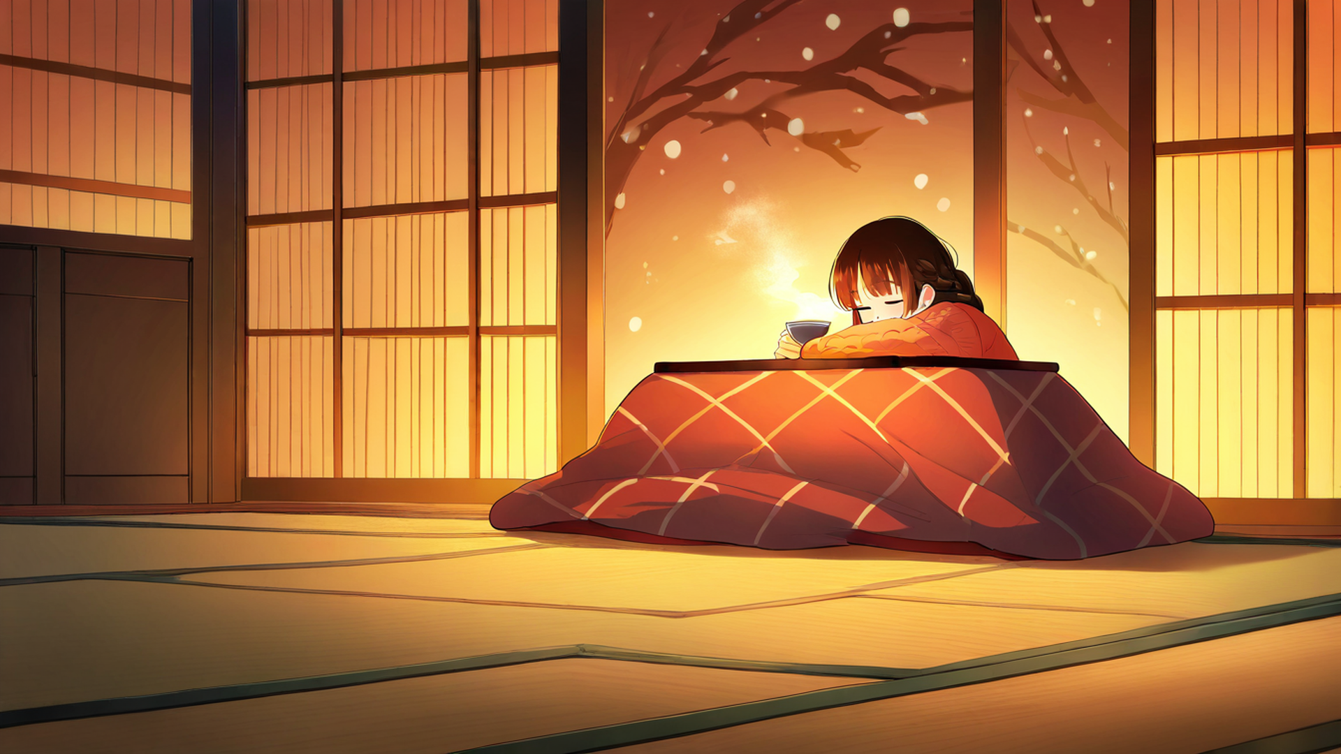 girl kotatsu winter lofi wallpaper
