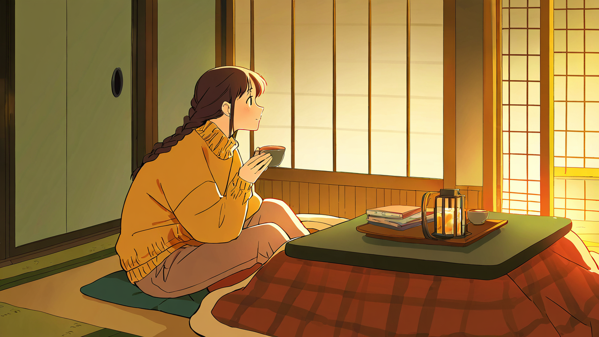 girl kotatsu winter lofi wallpaper