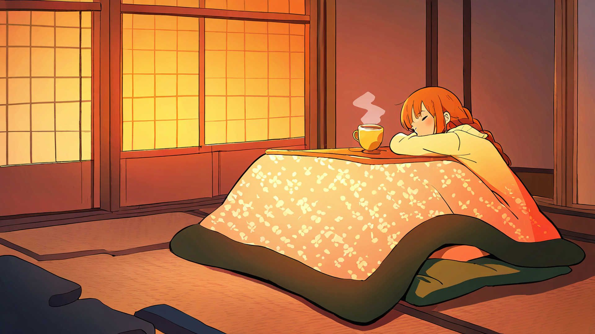girl kotatsu winter lofi wallpaper