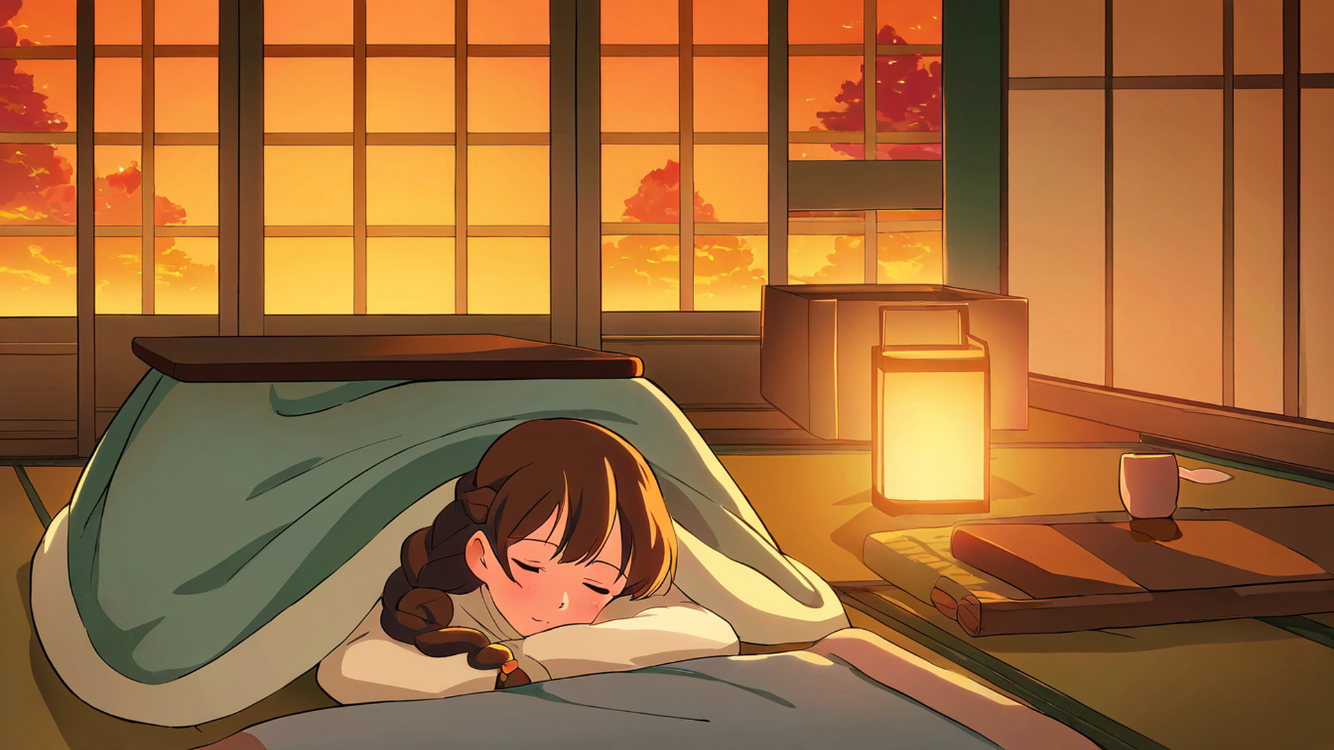 girl kotatsu winter lofi wallpaper