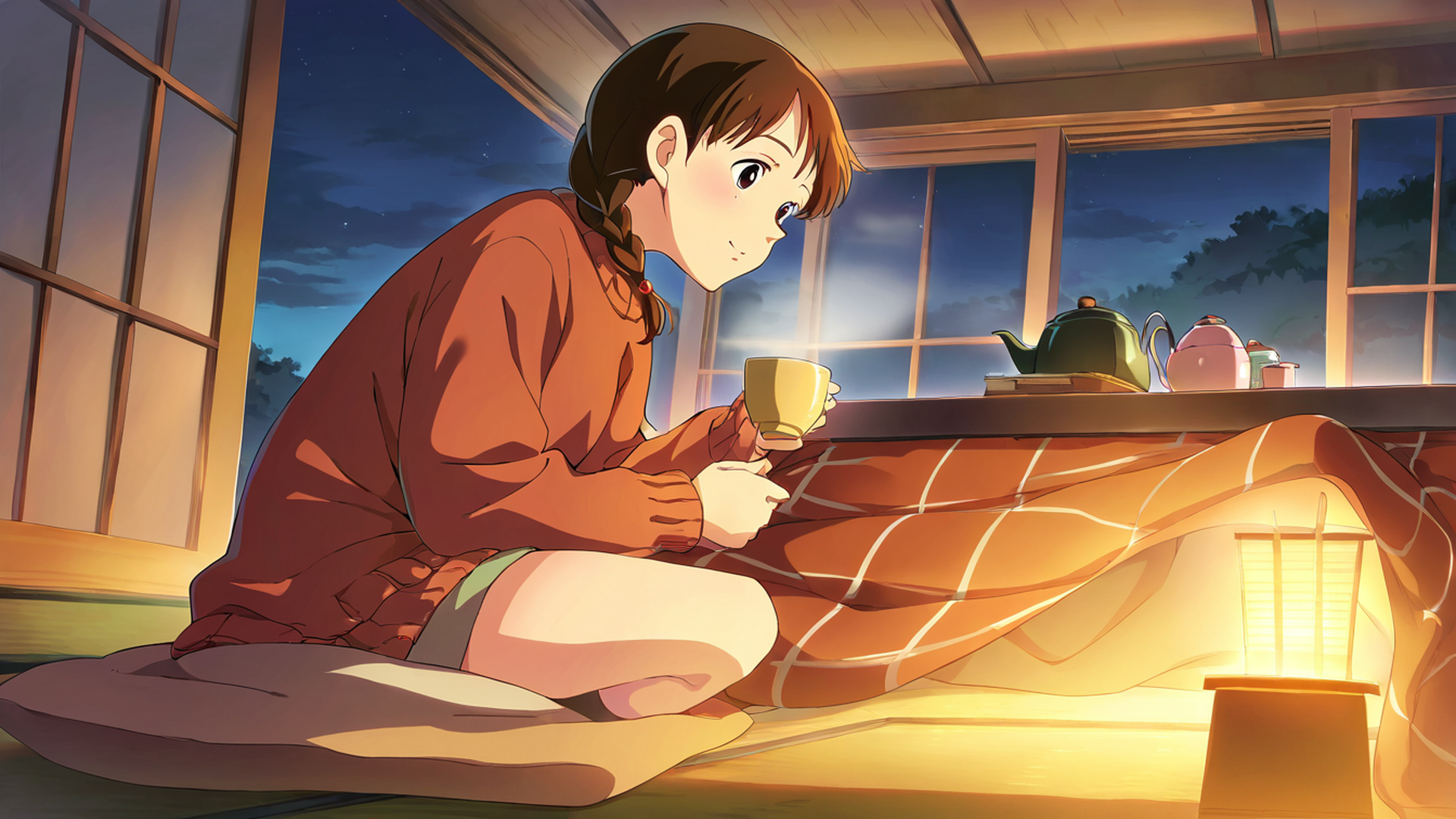 girl kotatsu winter lofi wallpaper