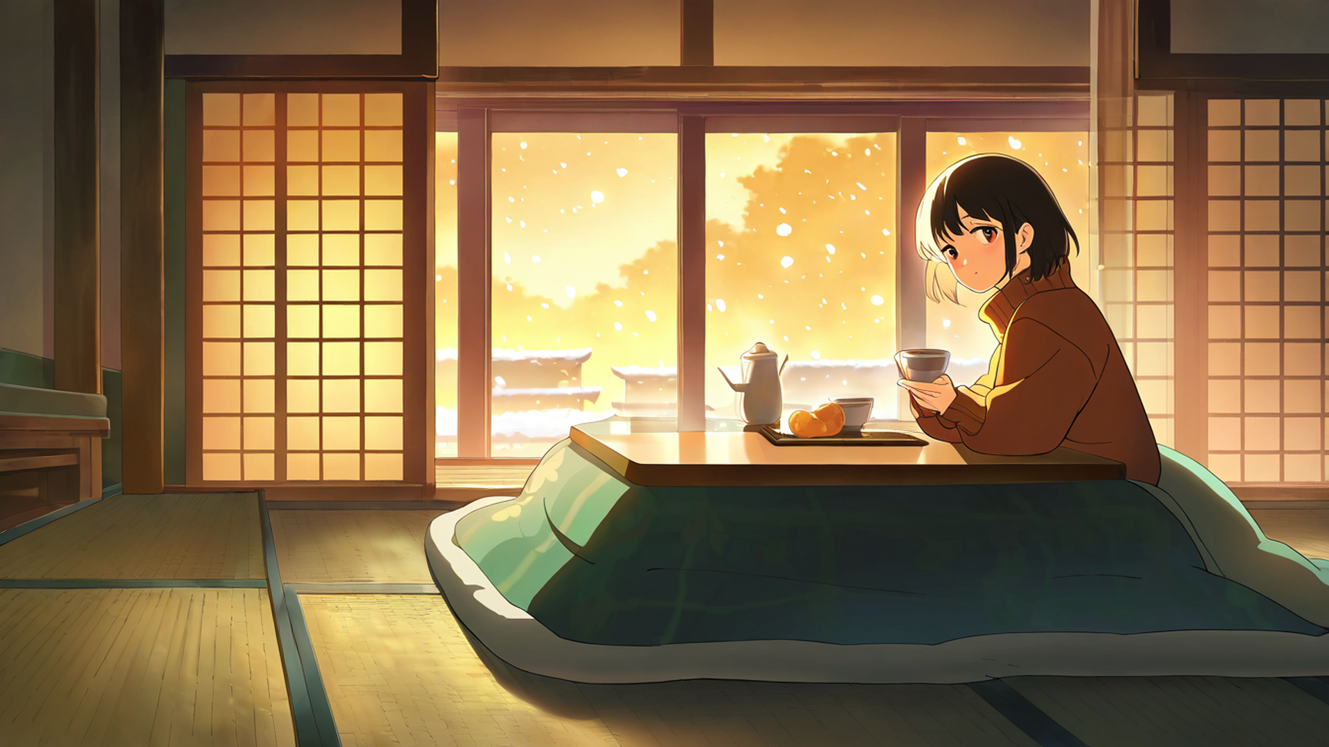 girl kotatsu winter lofi wallpaper