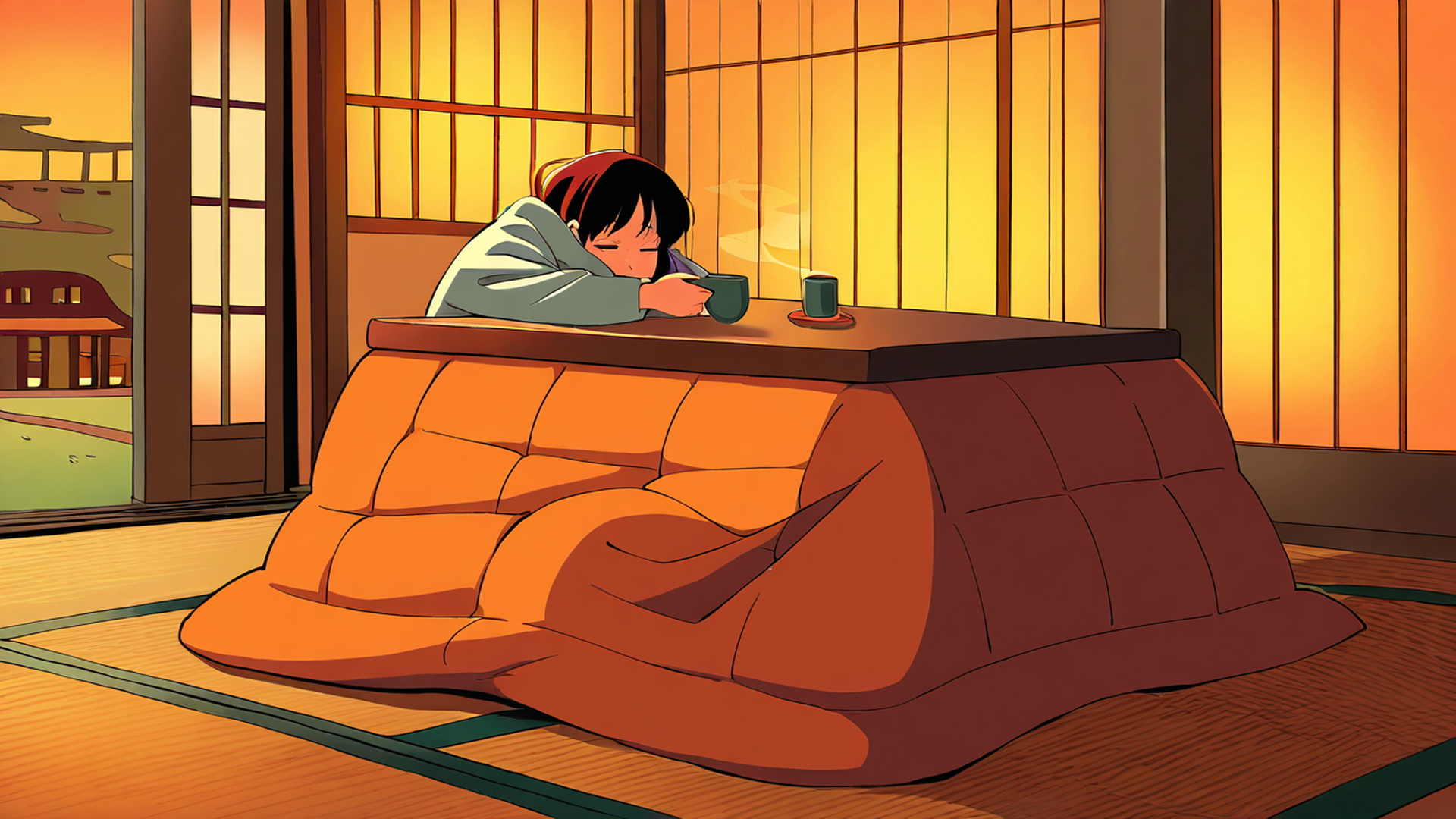 girl kotatsu winter lofi wallpaper