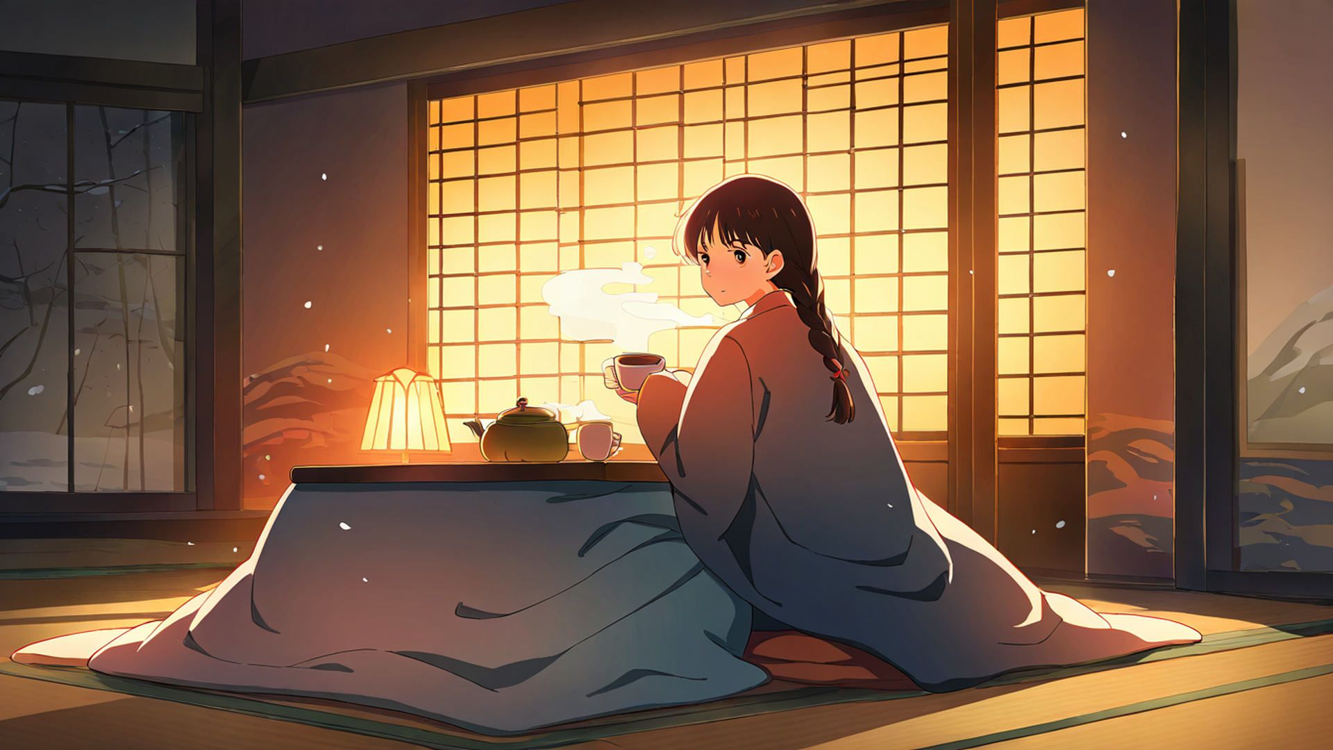 girl kotatsu winter lofi wallpaper