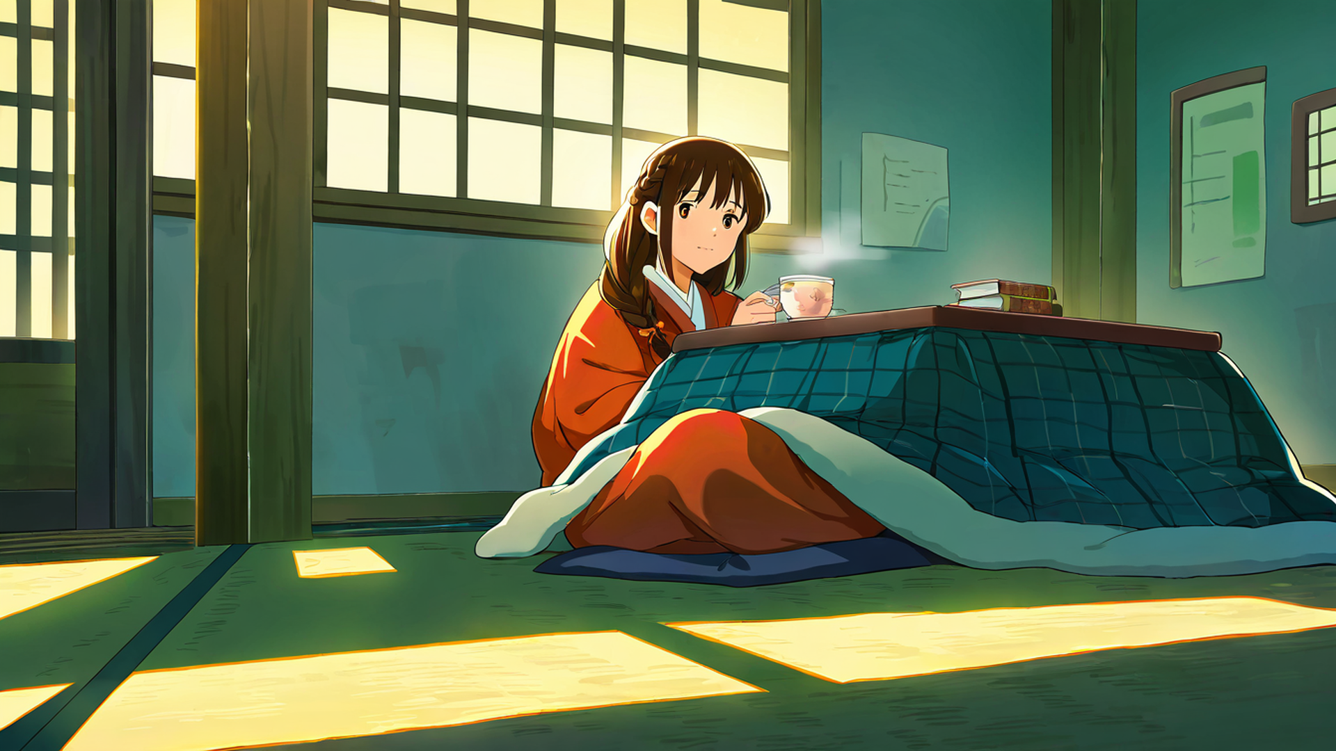 girl kotatsu winter lofi wallpaper
