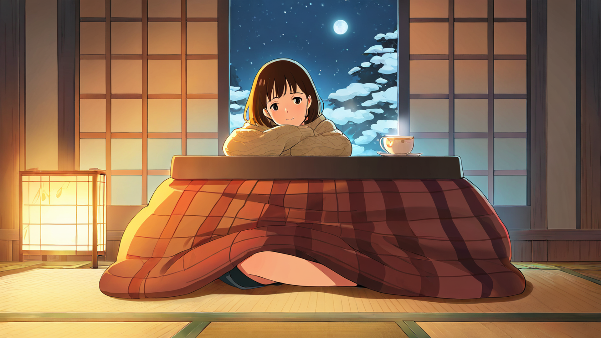 girl kotatsu winter lofi wallpaper