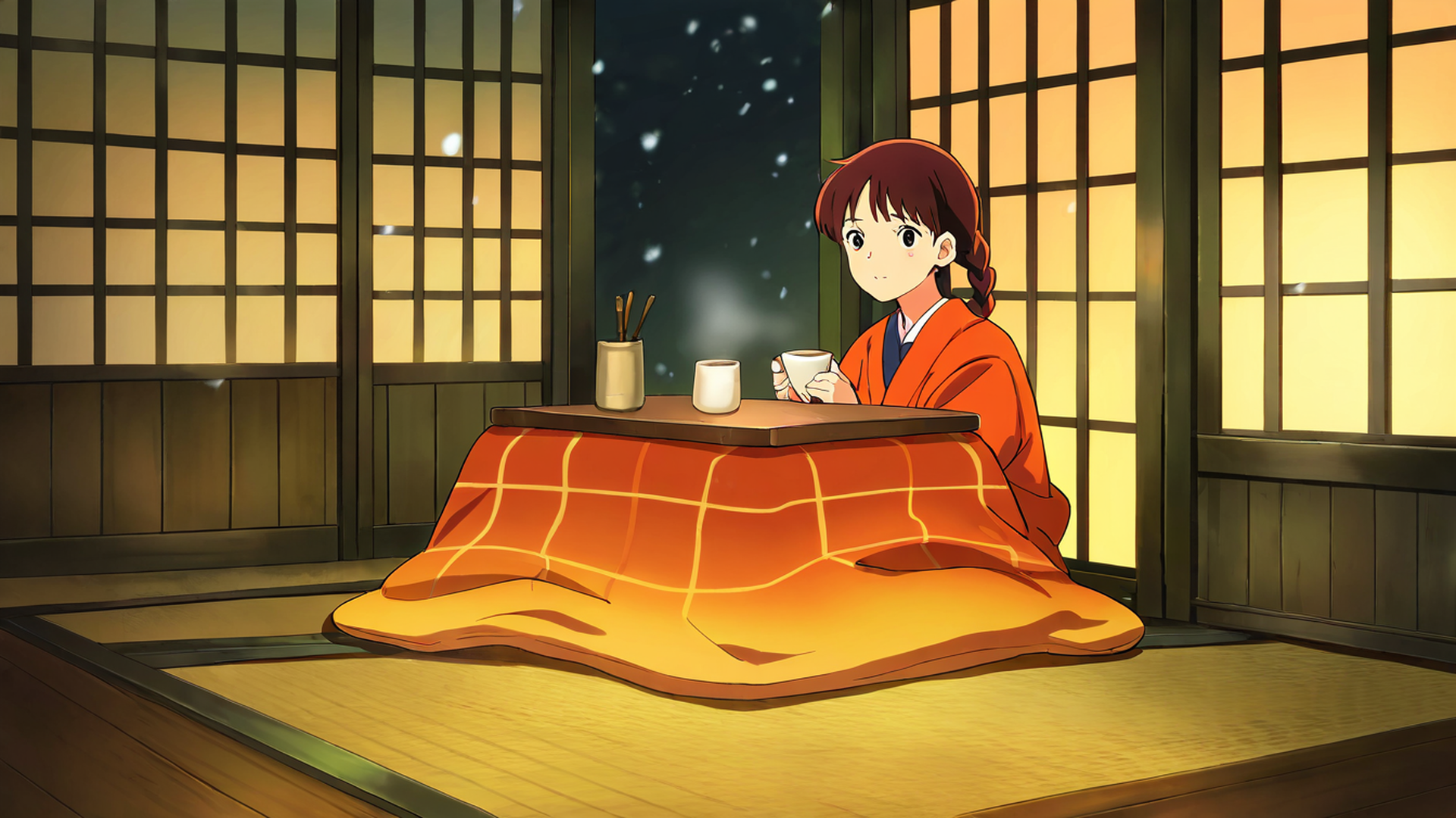 girl kotatsu winter lofi wallpaper