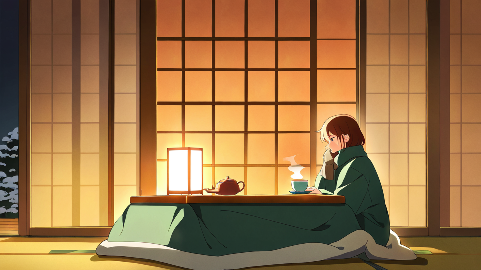 girl kotatsu winter lofi wallpaper