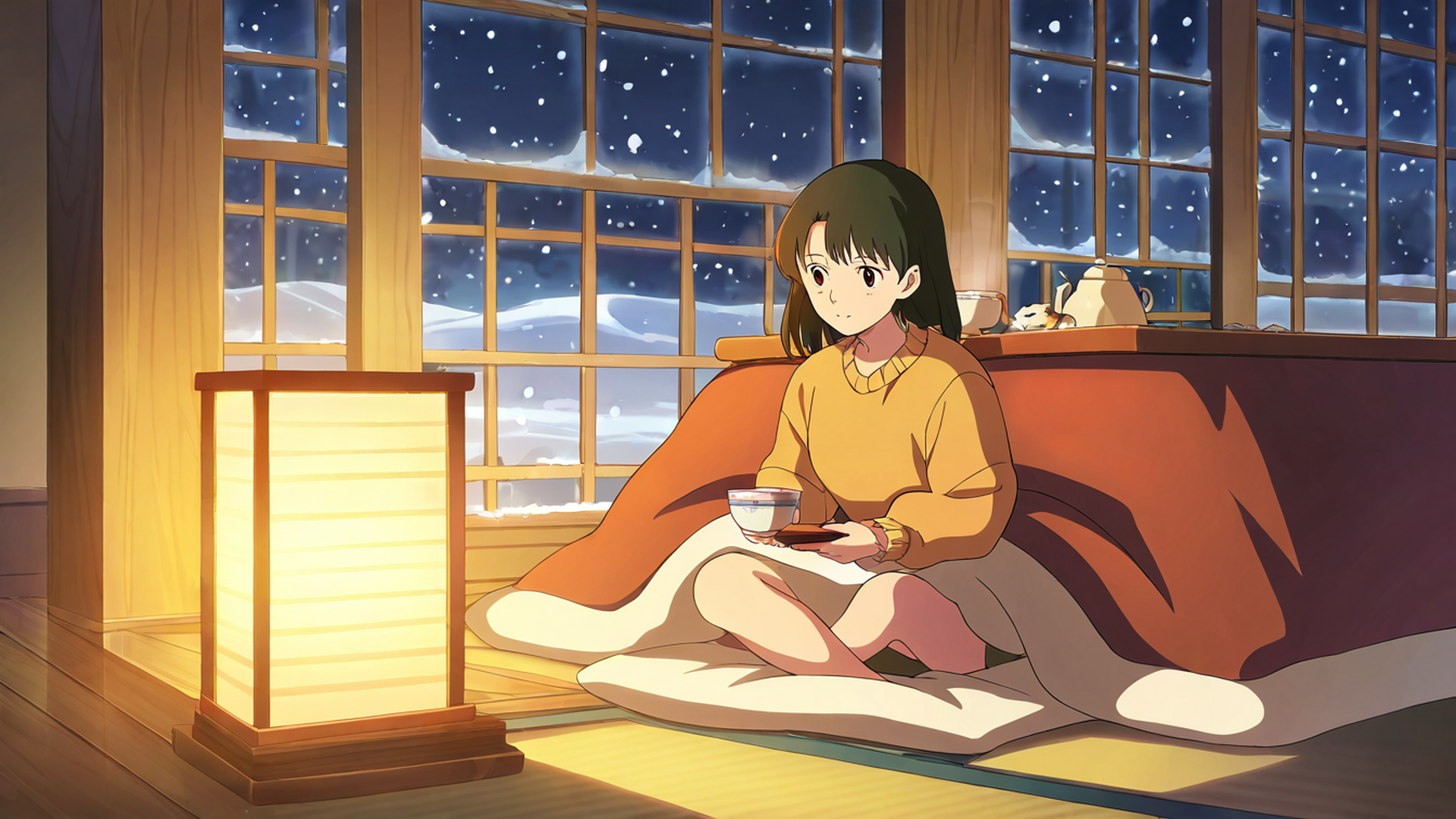 girl kotatsu winter lofi wallpaper