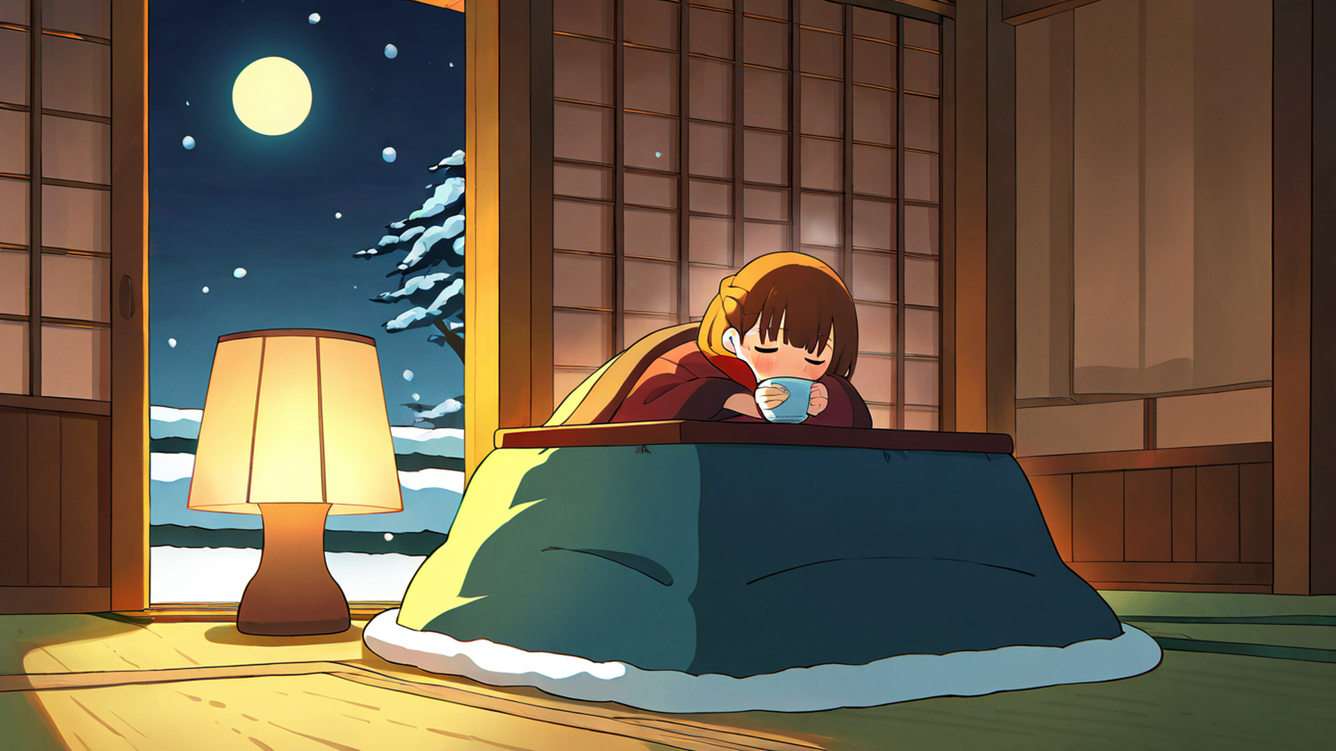 girl kotatsu winter lofi wallpaper