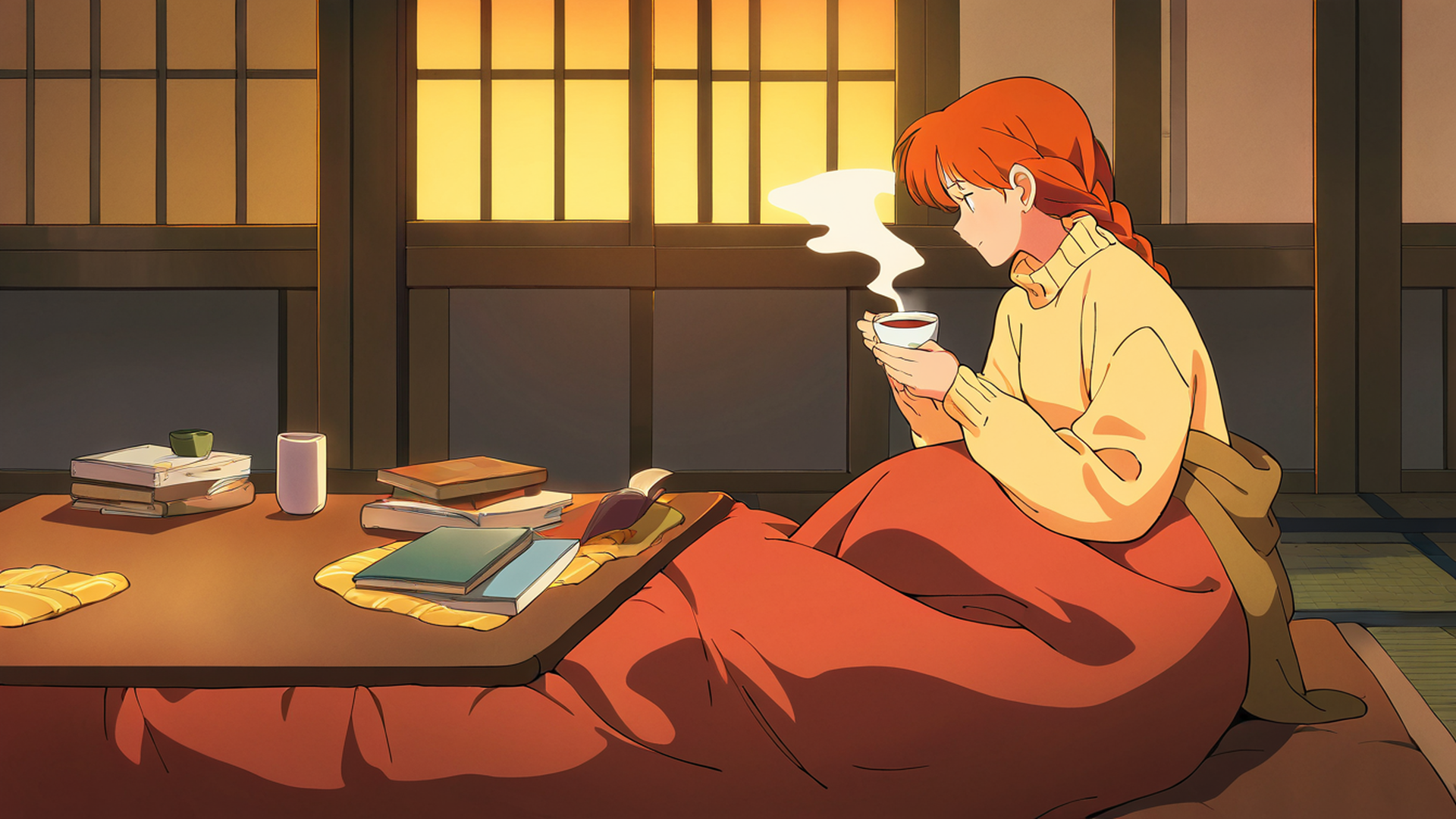 girl kotatsu winter lofi wallpaper