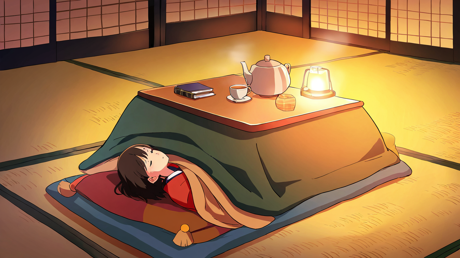 girl kotatsu winter lofi wallpaper