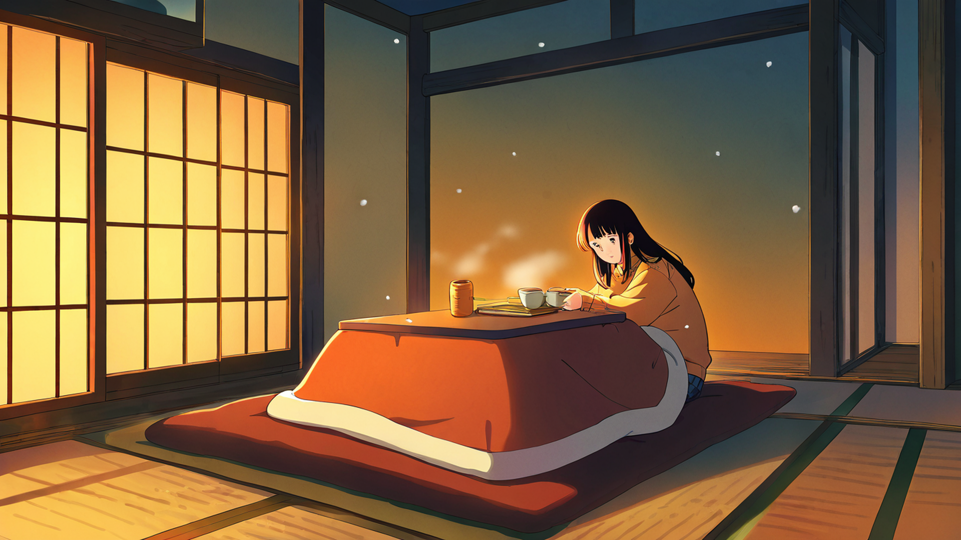 girl kotatsu winter lofi wallpaper