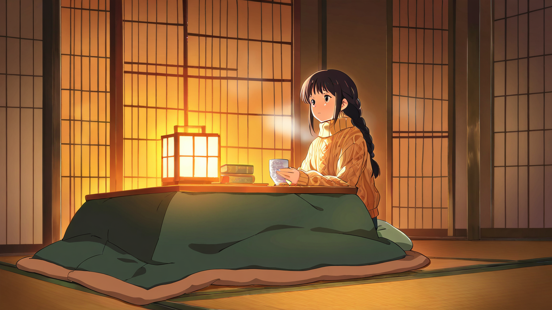 girl kotatsu winter lofi wallpaper