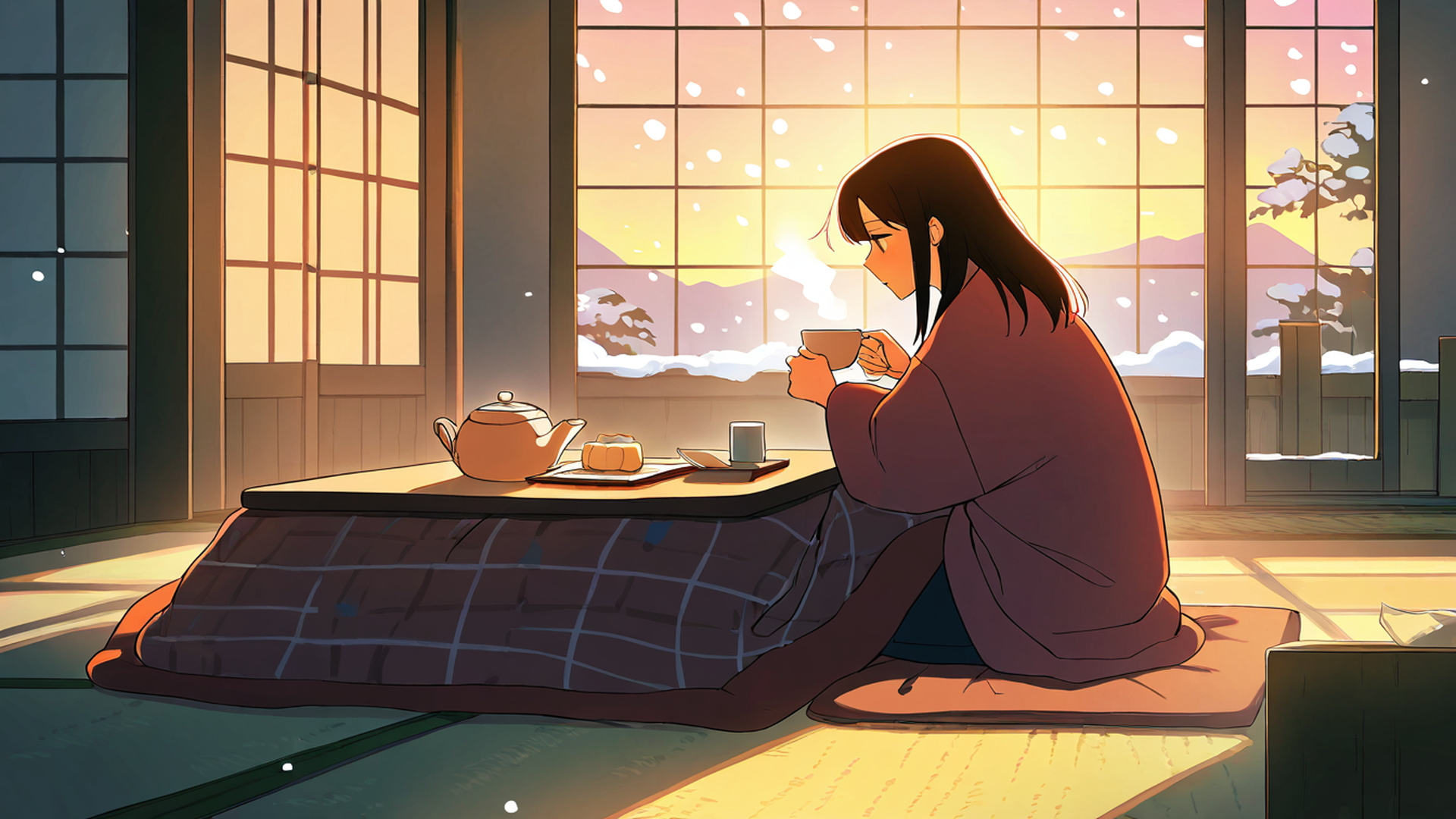 girl kotatsu winter lofi wallpaper