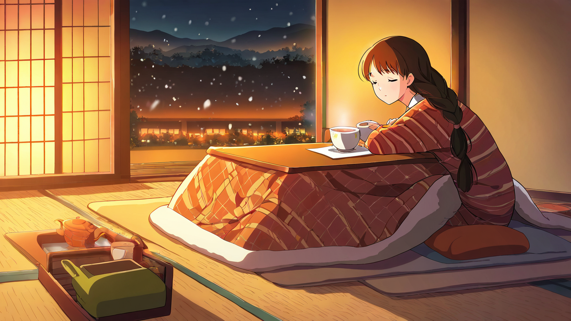girl kotatsu winter lofi wallpaper