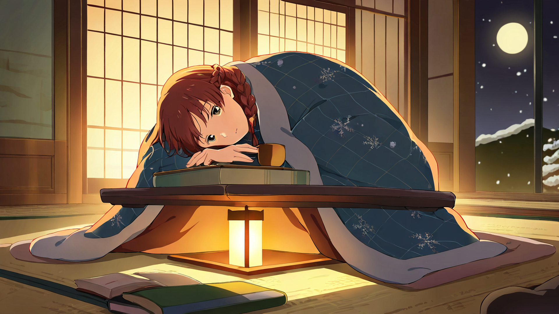 girl kotatsu winter lofi wallpaper