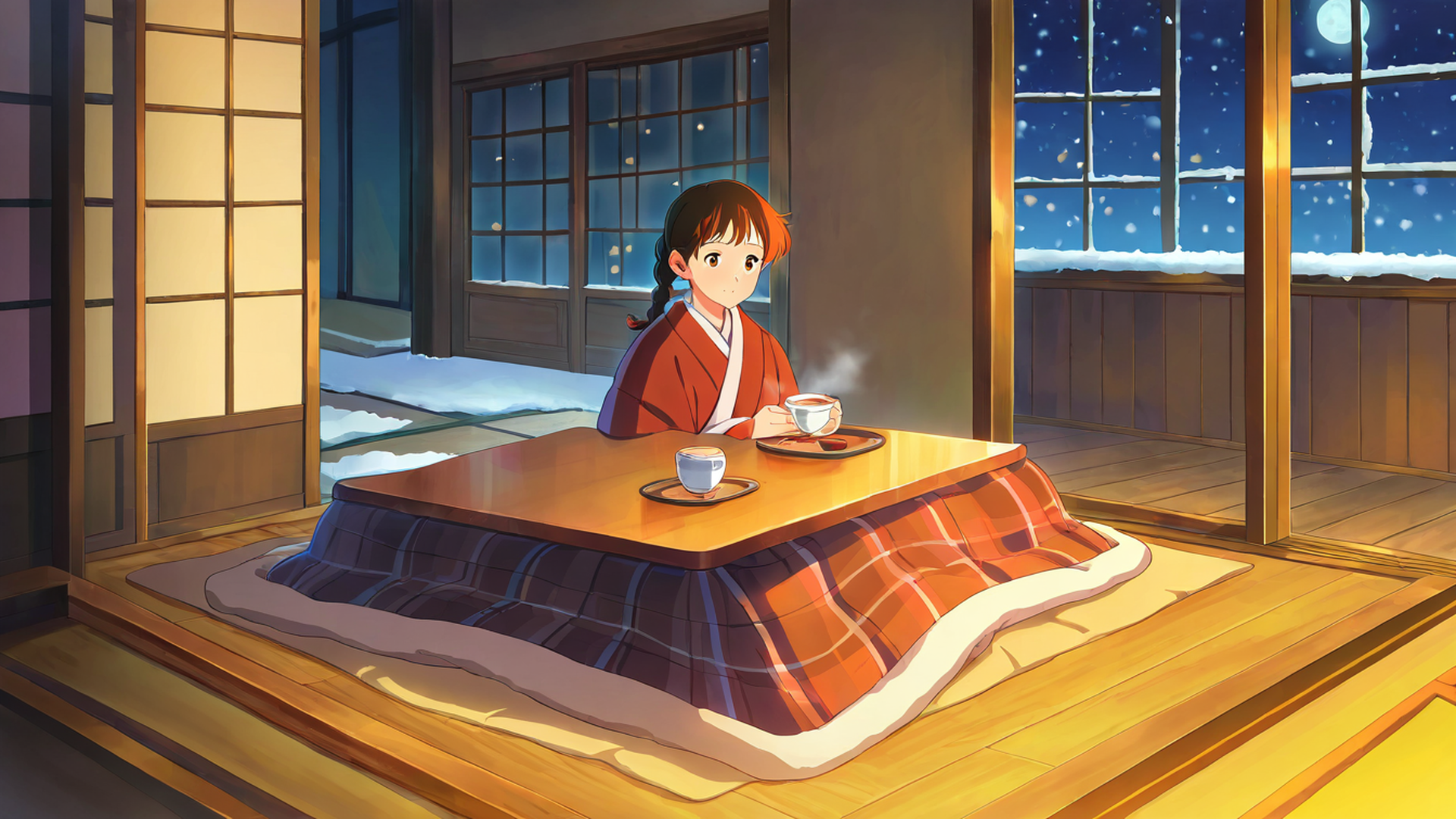 girl kotatsu winter lofi wallpaper