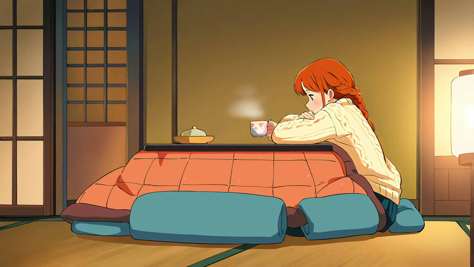 girl kotatsu winter lofi wallpaper