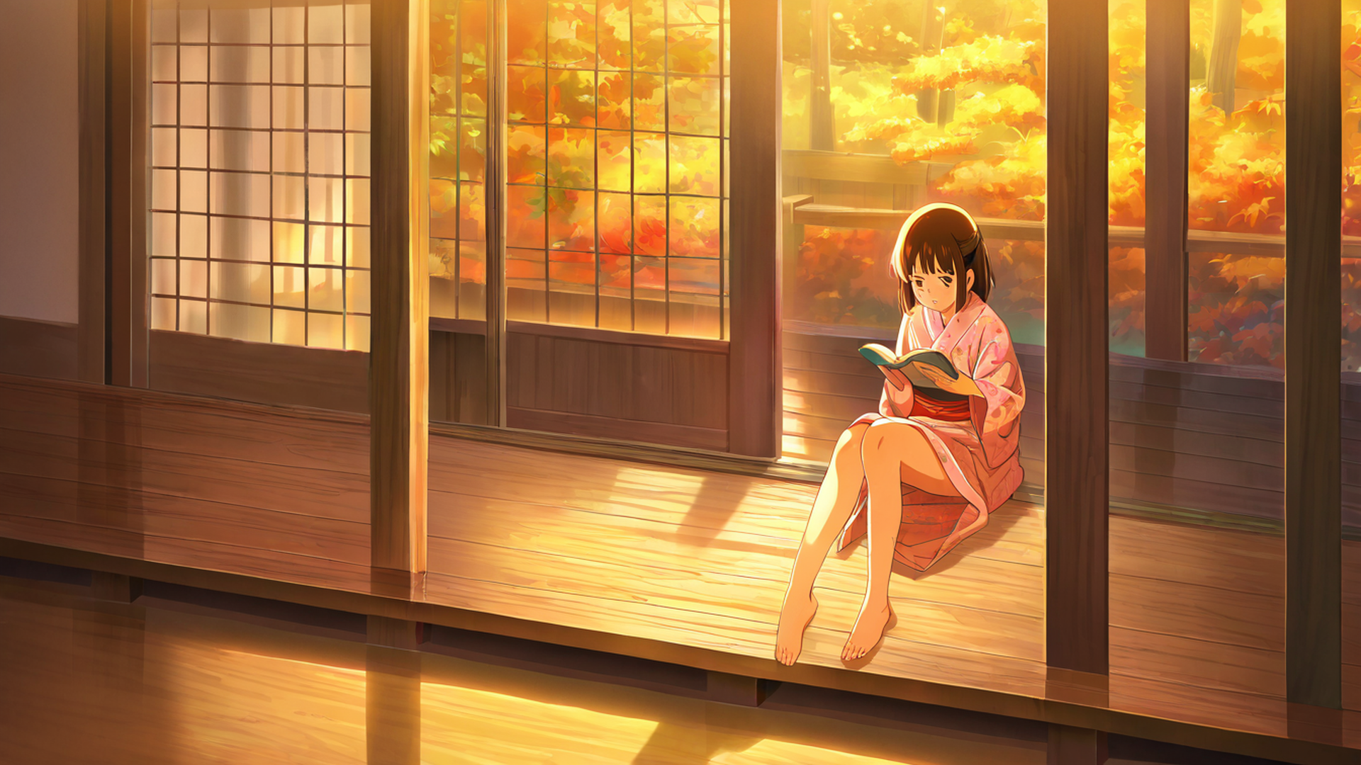 girl reading engawa lofi wallpaper