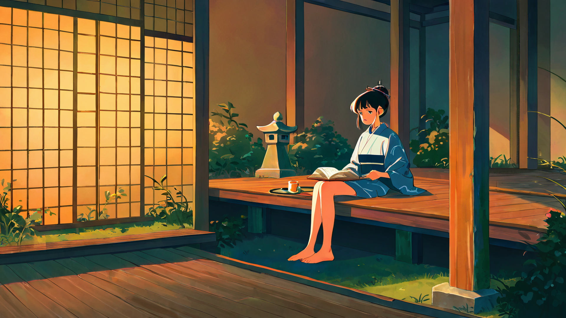 girl reading engawa lofi wallpaper