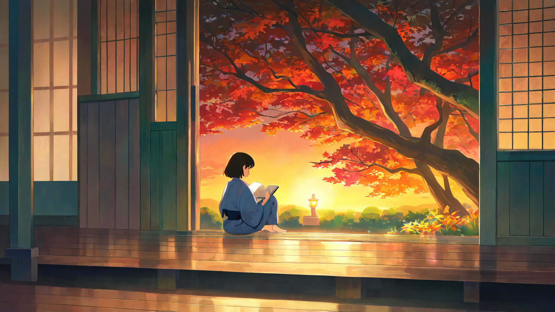 girl reading engawa lofi wallpaper