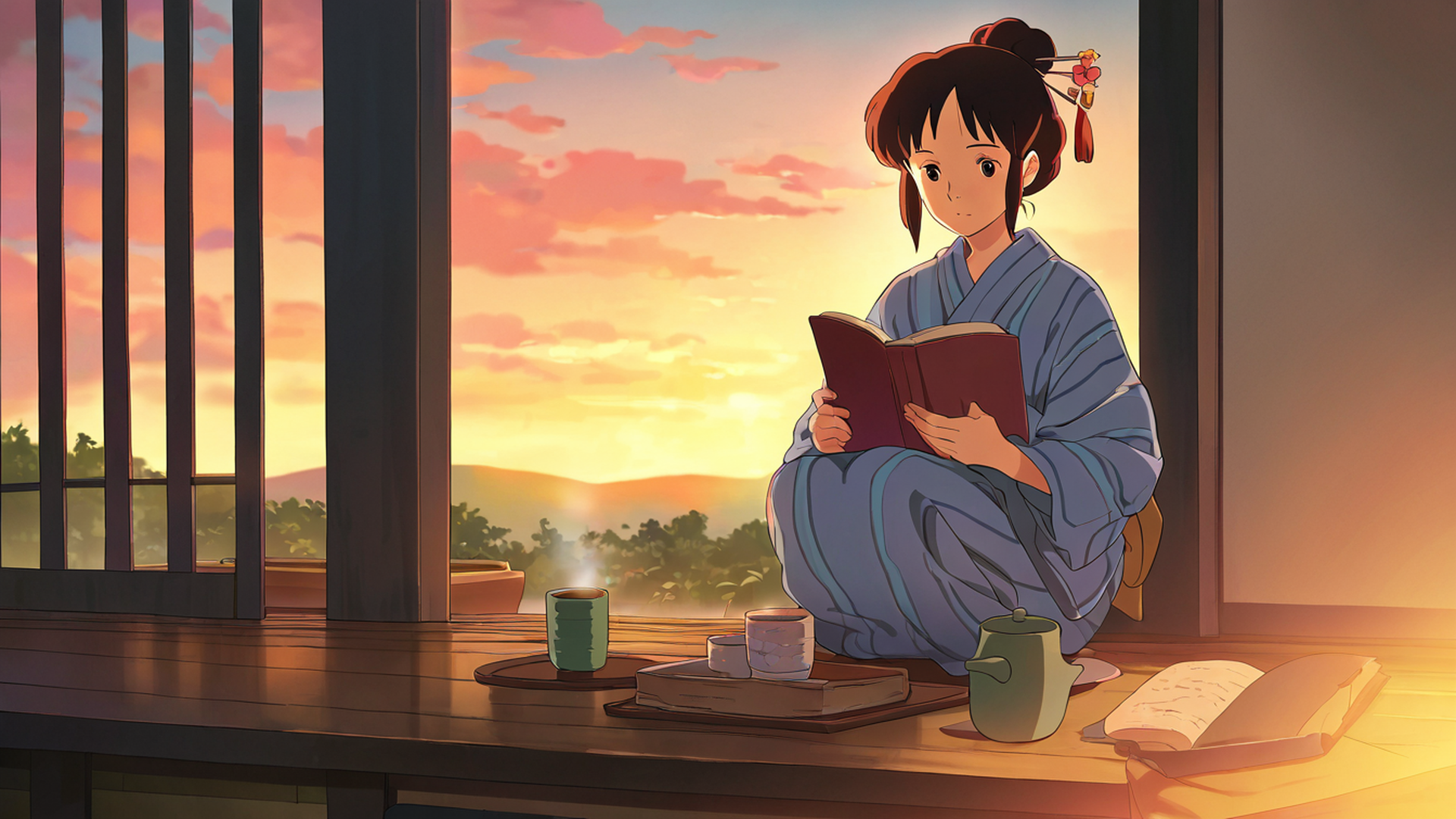 girl reading engawa lofi wallpaper