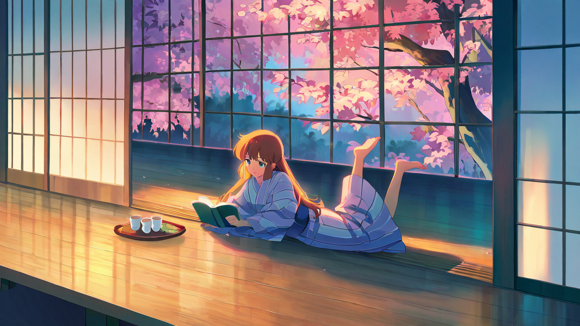 girl reading engawa lofi wallpaper