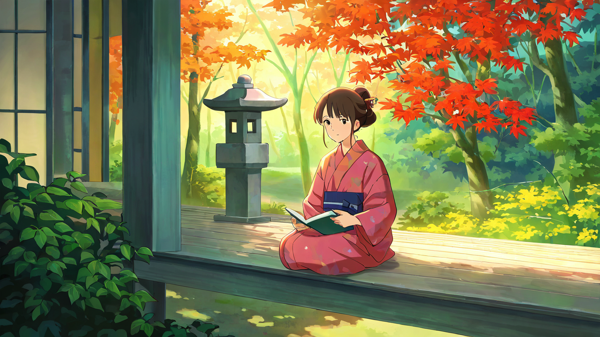 girl reading engawa lofi wallpaper