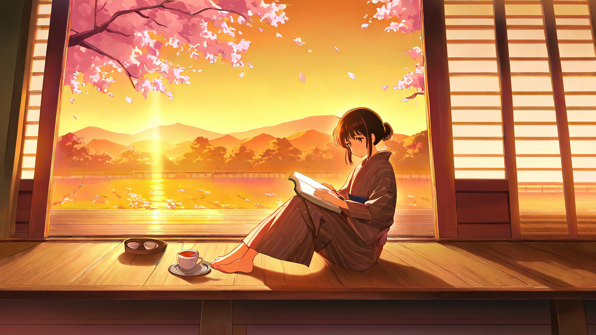 girl reading engawa lofi wallpaper