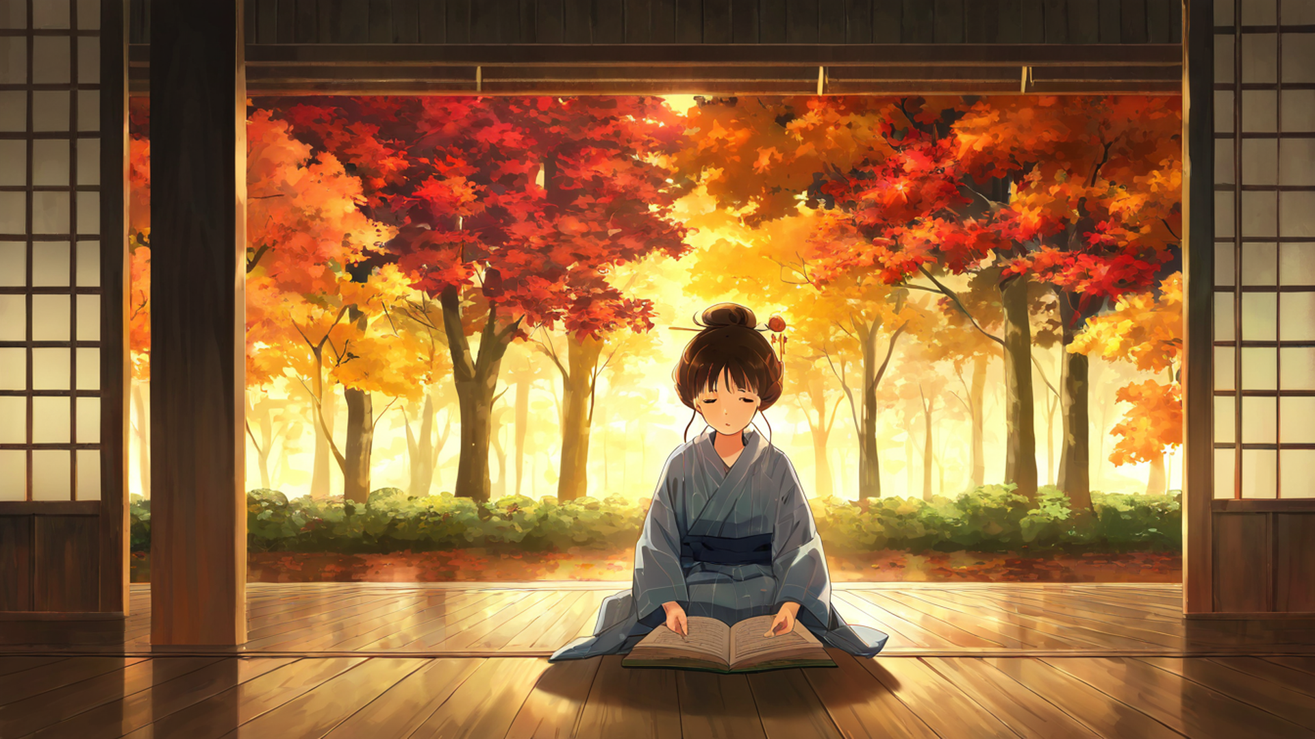 girl reading engawa lofi wallpaper