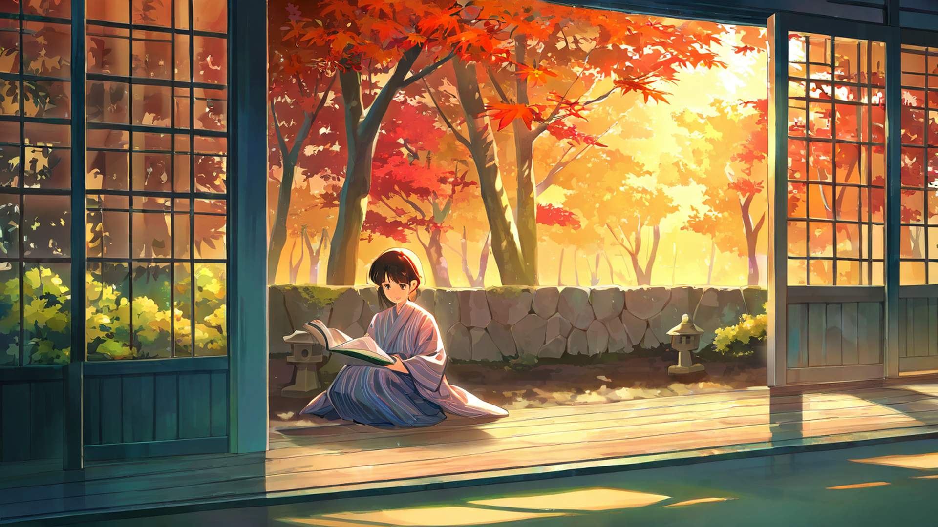 girl reading engawa lofi wallpaper