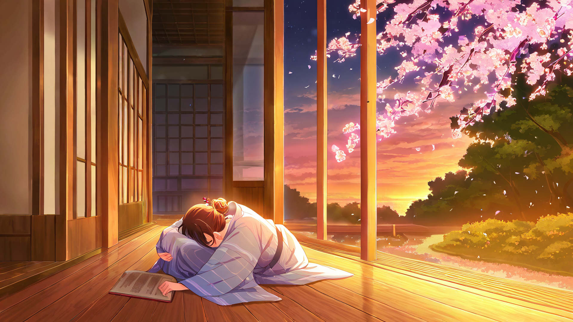 girl reading engawa lofi wallpaper