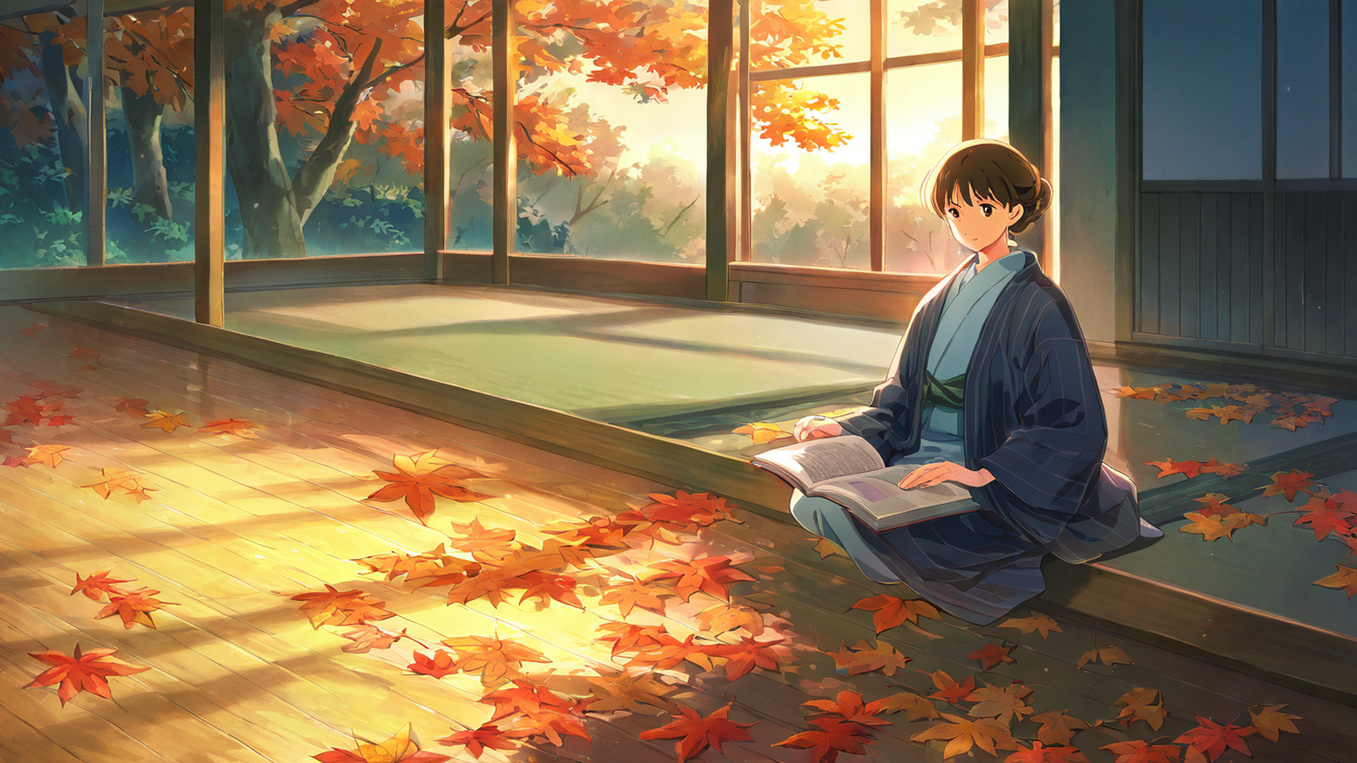 girl reading engawa lofi wallpaper