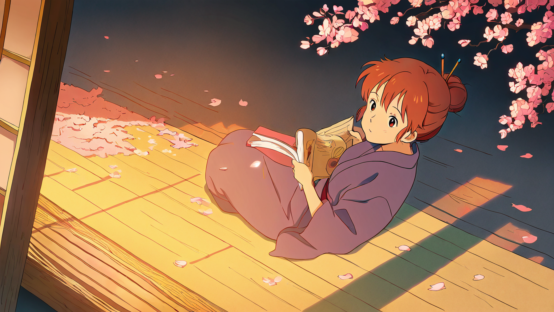 girl reading engawa lofi wallpaper